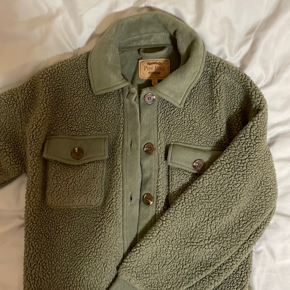 Pink Rose green sherpa button up